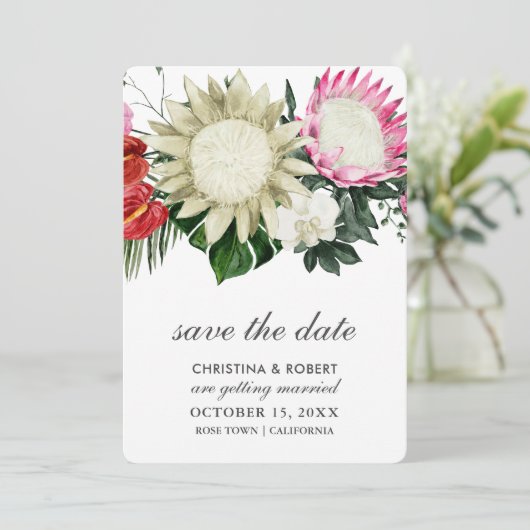 Tropische Protea Monstera Botanische Save The Date (Staand voorkant)