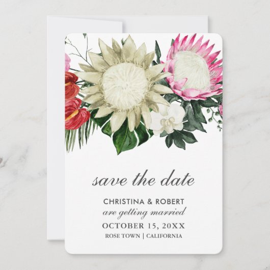 Tropische Protea Monstera Botanische Save The Date (Voorkant)