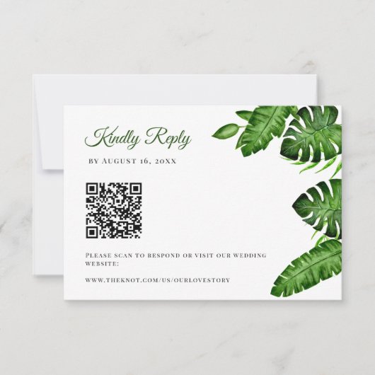 Tropische QR-code RSVP Monstera Bladeren Bruiloft Kaartje (Voorkant)