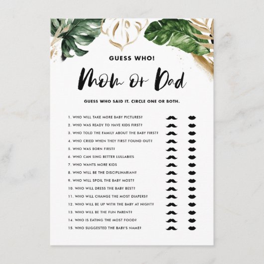 Tropische raad wie Baby shower van mama of papa is Informatiekaartje (Voorkant)