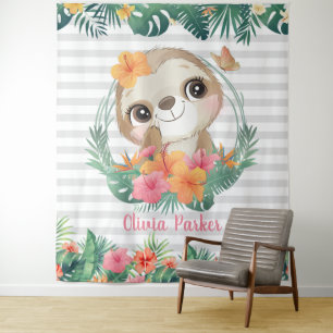 Tropische randen Hibiscus Bloemen Luiaard Op Maat Wandkleed