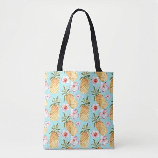 Tropische retro ananas print op turquoise tote bag (Voorkant)