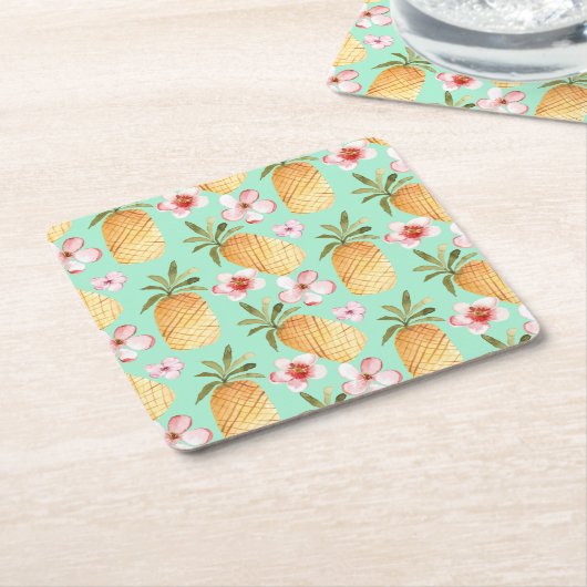 Tropische retro print op achtergrond van munt kartonnen onderzetters (Schuin)