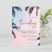 Tropische Retro Roze Palm Tree Summer Wedding Kaart (Staand voorkant)