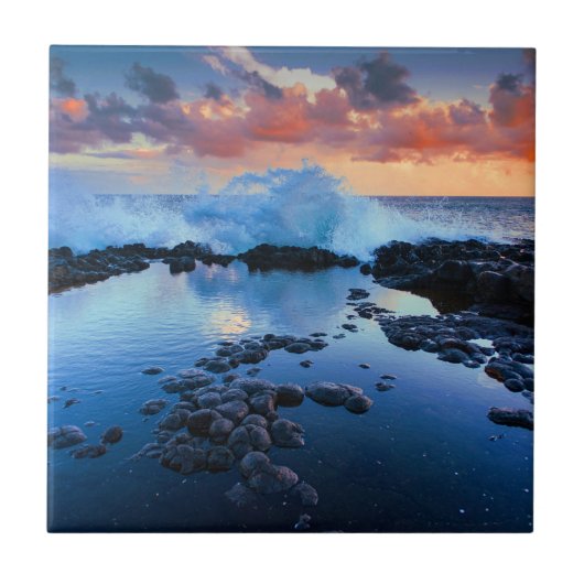 Tropische Rocky Beach Sunset Zee Wave Tegeltje (Voorkant)