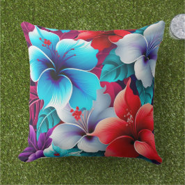 Tropische rode en blauwe hibiscusbloemen buitenkussen