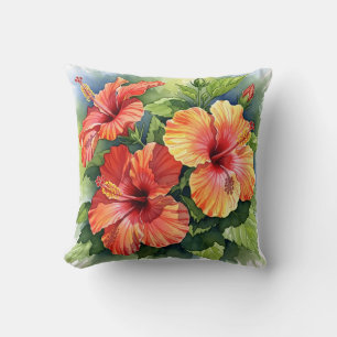 Tropische rode en gele hibiscus waterverf bloemen kussen