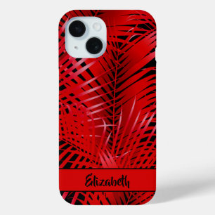 Tropische rode handpalmen op zwart-gepersonaliseer iPhone 15 case