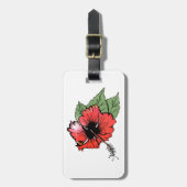 Tropische rode hibiscus bloem met groene bladeren bagagelabel (Voorkant verticaal)