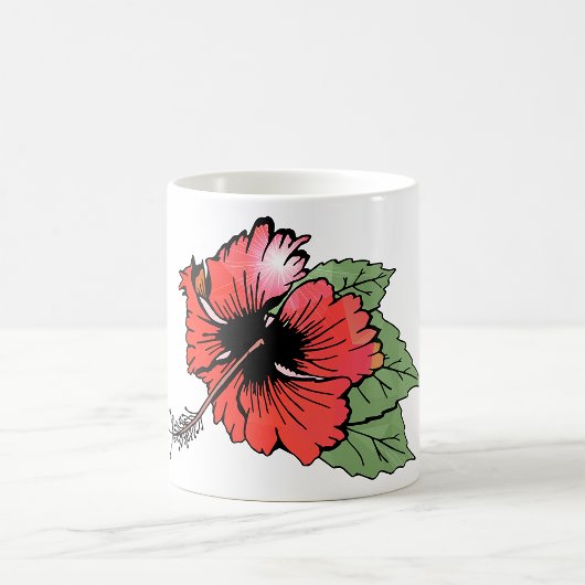 Tropische rode hibiscus bloem met groene bladeren koffiemok