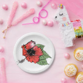 Tropische rode hibiscus bloem met groene bladeren papieren bordje (Feest)