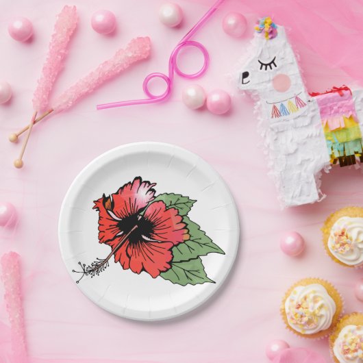 Tropische rode hibiscus bloem met groene bladeren papieren bordje (Feest)