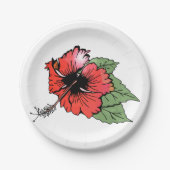 Tropische rode hibiscus bloem met groene bladeren papieren bordje (Voorkant)