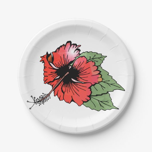 Tropische rode hibiscus bloem met groene bladeren papieren bordje (Voorkant)