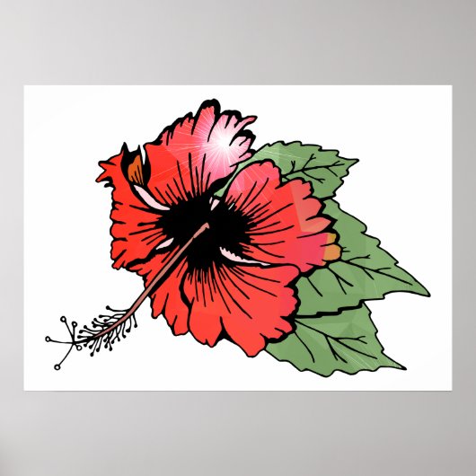 Tropische rode hibiscus bloem met groene bladeren poster (Voorkant)