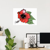 Tropische rode hibiscus bloem met groene bladeren poster
