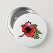Tropische rode hibiscus bloem met groene bladeren ronde button 7,6 cm (Voorkant /achterkant)