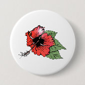 Tropische rode hibiscus bloem met groene bladeren ronde button 7,6 cm (Voorkant)