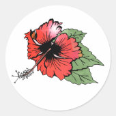 Tropische rode hibiscus bloem met groene bladeren ronde sticker (Voorkant)