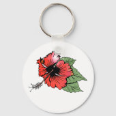 Tropische rode hibiscus bloem met groene bladeren sleutelhanger (Voorkant)