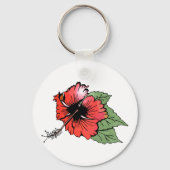 Tropische rode hibiscus bloem met groene bladeren sleutelhanger (Achterkant)