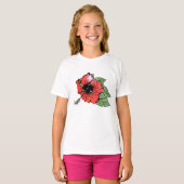 Tropische rode hibiscus bloem met groene bladeren t-shirt (Voorkant volledig)