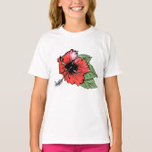 Tropische rode hibiscus bloem met groene bladeren t-shirt (Voorkant)