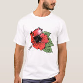 Tropische rode hibiscus bloem met groene bladeren t-shirt (Voorkant)