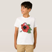 Tropische rode hibiscus bloem met groene bladeren t-shirt (Voorkant volledig)