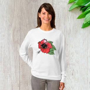 Tropische rode hibiscus bloem met groene bladeren t-shirt