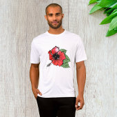 Tropische rode hibiscus bloem met groene bladeren t-shirt