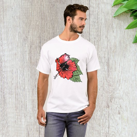 Tropische rode hibiscus bloem met groene bladeren t-shirt