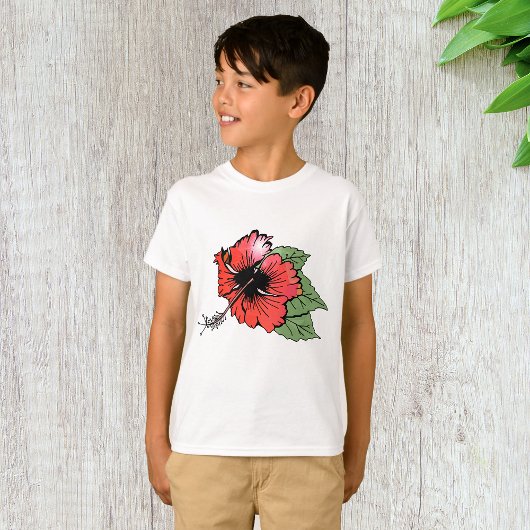 Tropische rode hibiscus bloem met groene bladeren t-shirt