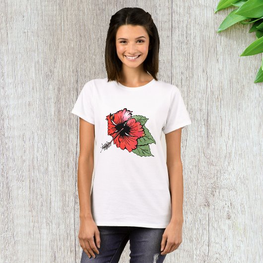 Tropische rode hibiscus bloem met groene bladeren t-shirt
