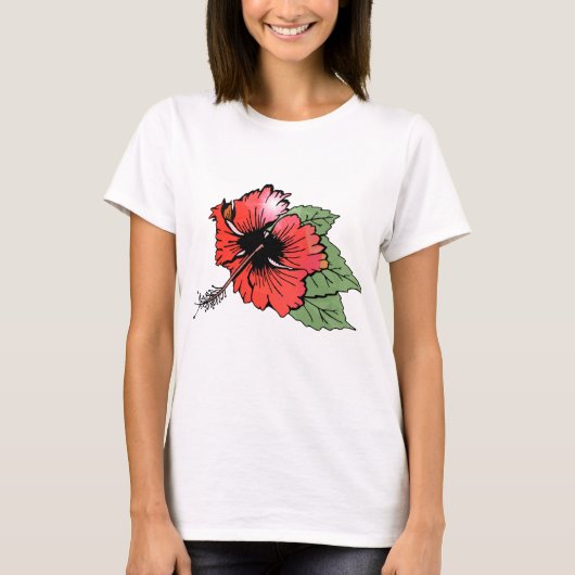 Tropische rode hibiscus bloem met groene bladeren t-shirt (Voorkant)