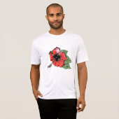Tropische rode hibiscus bloem met groene bladeren t-shirt (Voorkant volledig)