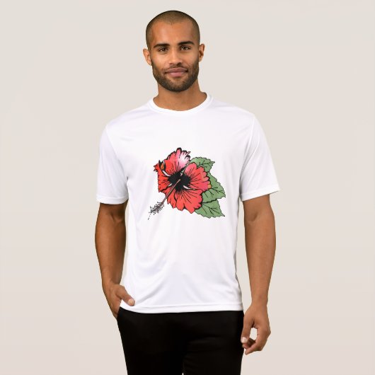 Tropische rode hibiscus bloem met groene bladeren t-shirt (Voorkant volledig)