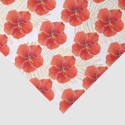 Tropische rode Hibiscus-bloemen en goudpalmbladere Tissuepapier (Detail)