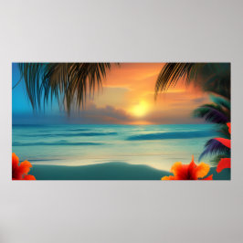 Tropische rode hibiscus Bloemen Strand oceaan palm Poster