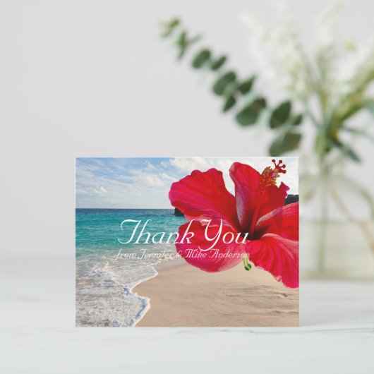 Tropische rode Hibiscus strand Dank u Briefkaart (Staand voorkant)