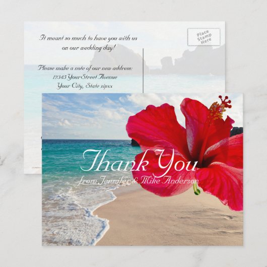 Tropische rode Hibiscus  strand Dank u Briefkaart (Voorkant / Achterkant)