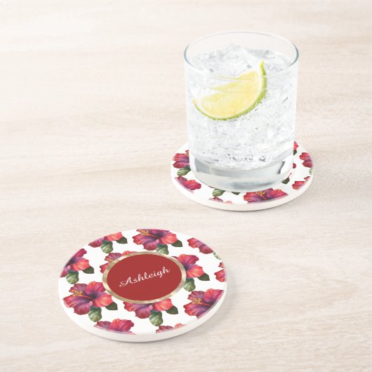 Tropische rode hibiscusbloemen zandsteen onderzetter (Zijkant)