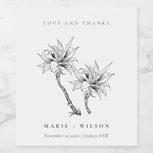 Tropische roestpalmen Black White Sketch Wedch Wijn Etiket (Enkel label)