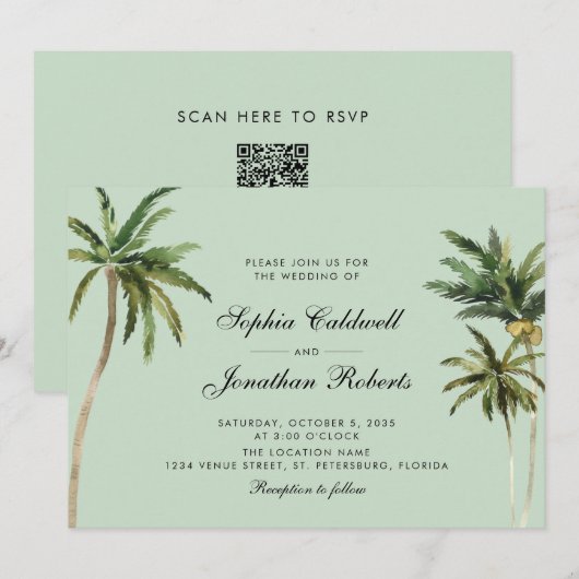 Tropische Romance Palm Trees pastel Green Wedding Kaart (Voorkant / Achterkant)