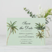 Tropische Romance Palm Trees pastel Green Wedding Save The Date (Staand voorkant)