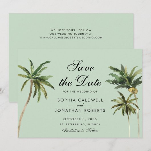 Tropische Romance Palm Trees pastel Green Wedding Save The Date (Voorkant / Achterkant)