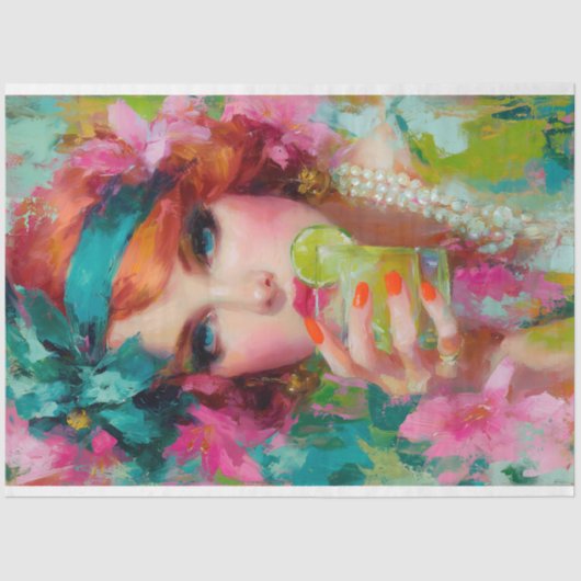 Tropische roodharige met Limoen Cocktail Decoupage Tissuepapier (Voorkant)