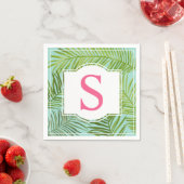 Tropische roze aqua groene palmbladeren monogram servet (Insitu)
