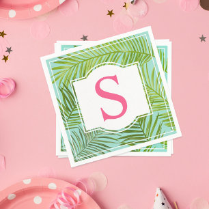 Tropische roze aqua groene palmbladeren monogram servet