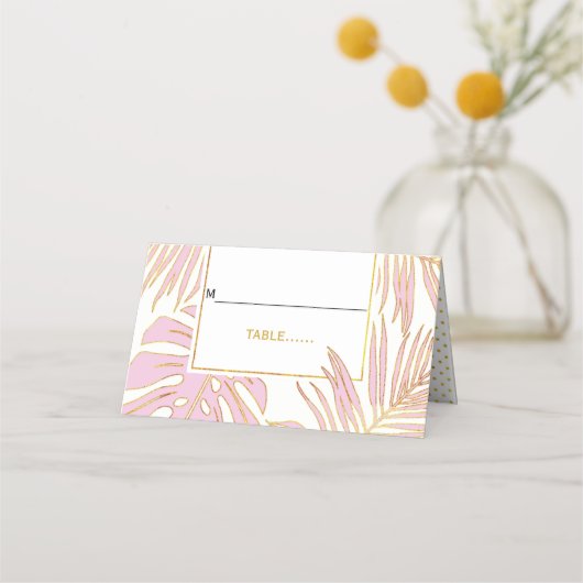 Tropische roze bladeren moderne trouwkaart escort plaatskaartje (Voorkant)